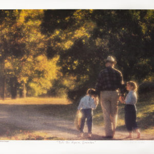 Grandfather and granddaughters walking down a country path into the sunlit trees.