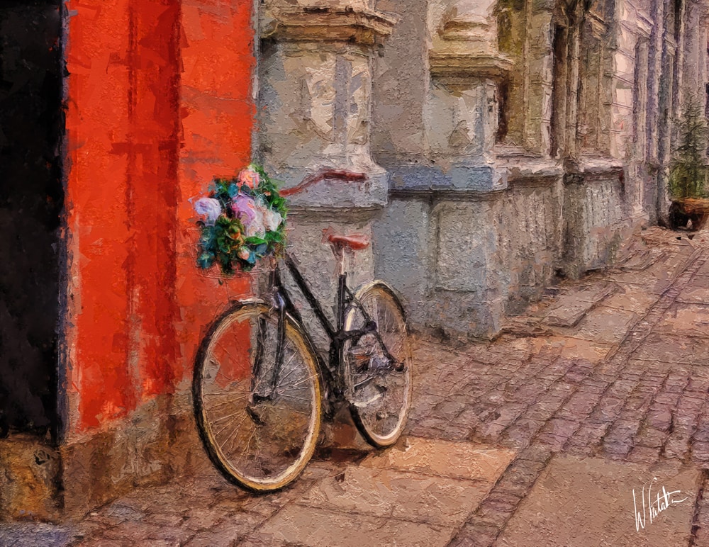 A Painting of an Old Bicycle Leaning on a Building in Europe